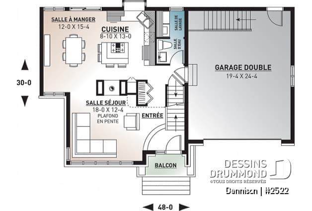 Rez-de-chaussée - Plan de maison 3 chambres, garage double, style Craftsman, foyer central, garage double, buanderie au premier - Dennison