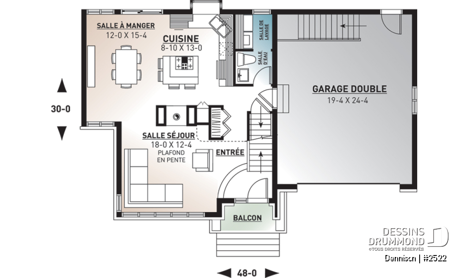 Rez-de-chaussée - Plan de maison 3 chambres, garage double, style Craftsman, foyer central, garage double, buanderie au premier - Dennison