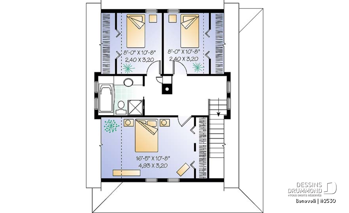 Étage - Plan de petite maison champêtre, 3 chambres à l'étage, buanderie au r-d-c, foyer, foyer, grandes garde-robes - Benevelli