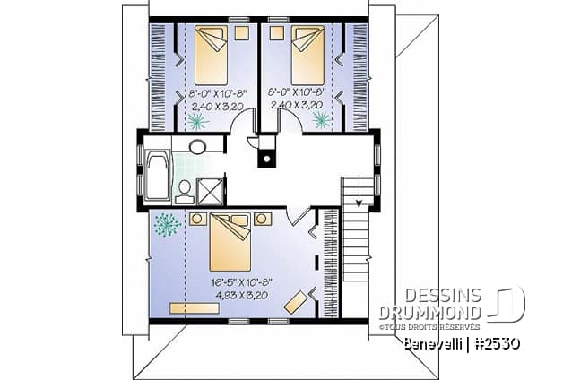 Étage - Plan de petite maison champêtre, 3 chambres à l'étage, buanderie au r-d-c, foyer, foyer, grandes garde-robes - Benevelli