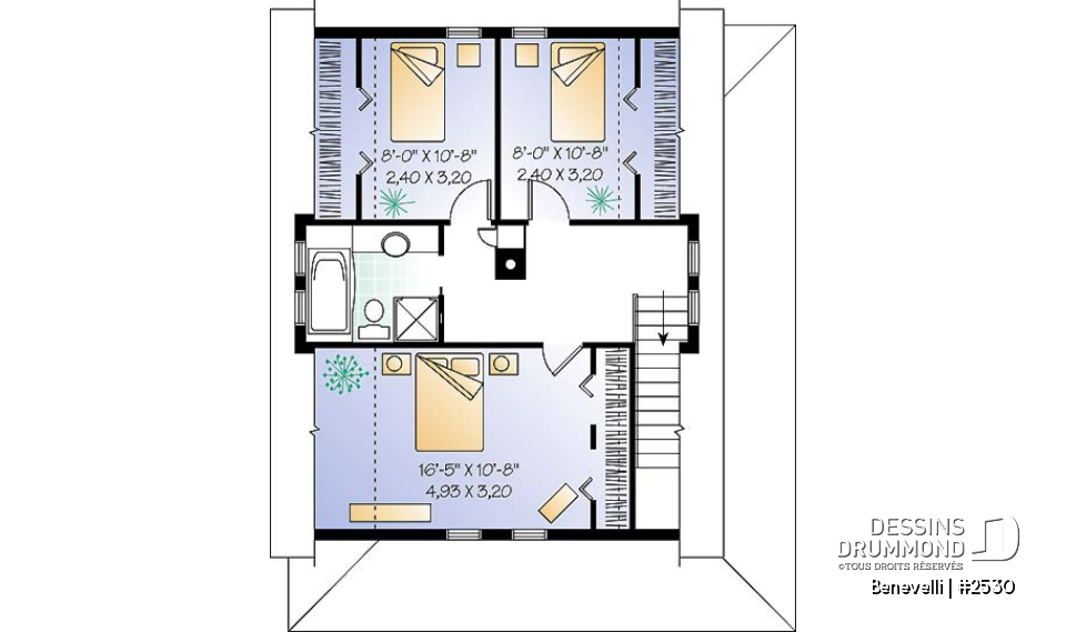Étage - Plan de petite maison champêtre, 3 chambres à l'étage, buanderie au r-d-c, foyer, foyer, grandes garde-robes - Benevelli