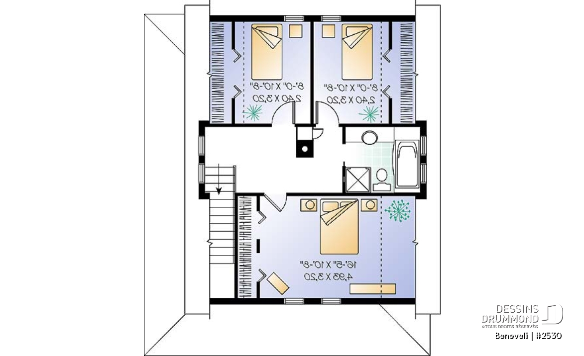 Étage - Plan de petite maison champêtre, 3 chambres à l'étage, buanderie au r-d-c, foyer, foyer, grandes garde-robes - Benevelli
