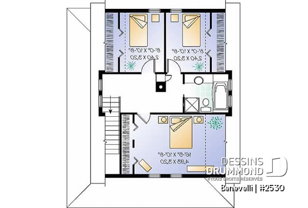 Étage - Plan de petite maison champêtre, 3 chambres à l'étage, buanderie au r-d-c, foyer, foyer, grandes garde-robes - Benevelli