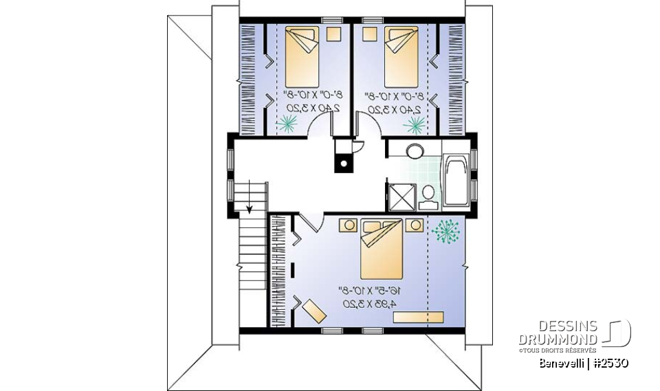 Étage - Plan de petite maison champêtre, 3 chambres à l'étage, buanderie au r-d-c, foyer, foyer, grandes garde-robes - Benevelli