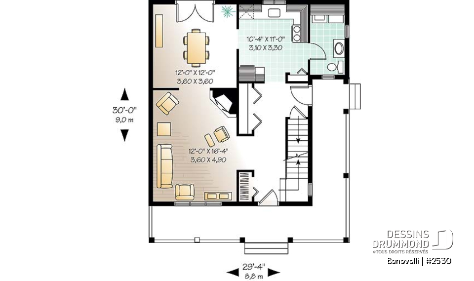 Rez-de-chaussée - Plan de petite maison champêtre, 3 chambres à l'étage, buanderie au r-d-c, foyer, foyer, grandes garde-robes - Benevelli