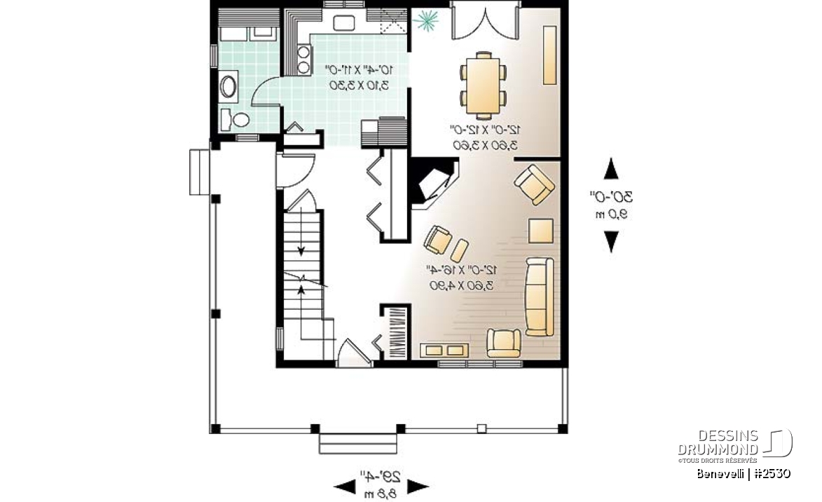 Rez-de-chaussée - Plan de petite maison champêtre, 3 chambres à l'étage, buanderie au r-d-c, foyer, foyer, grandes garde-robes - Benevelli