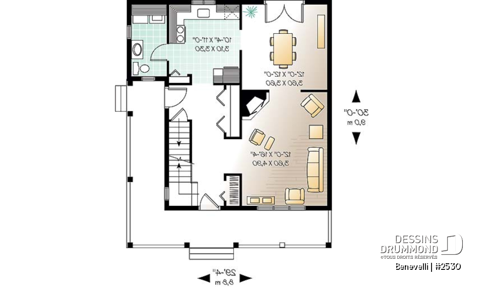 Rez-de-chaussée - Plan de petite maison champêtre, 3 chambres à l'étage, buanderie au r-d-c, foyer, foyer, grandes garde-robes - Benevelli