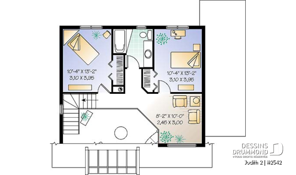 Étage - Plan de maison avec beaucoup de lumière naturelle, 3 chambres, plafond cathédrale, chambre maître au r-d-c - Judith 2