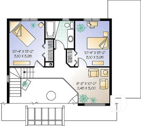 Étage - Plan de maison avec beaucoup de lumière naturelle, 3 chambres, plafond cathédrale, chambre maître au r-d-c - Judith 2