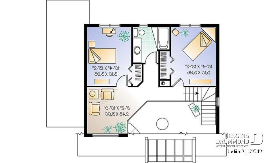 Étage - Plan de maison avec beaucoup de lumière naturelle, 3 chambres, plafond cathédrale, chambre maître au r-d-c - Judith 2