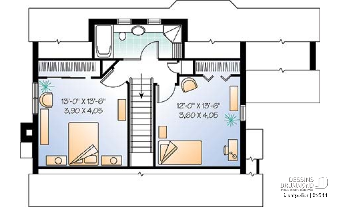 Étage - Plan de maison de campagne de 3 chambres, foyer au salon, coin lecture en retrait, belle luminosité partout - Montpellier