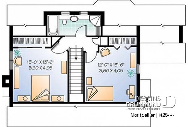 Étage - Plan de 3 chambres avec foyer au salon, cuisine fonctionnelle & solarium  - Montpellier