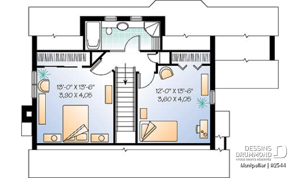 Étage - Plan de maison de campagne de 3 chambres, foyer au salon, coin lecture en retrait, belle luminosité partout - Montpellier