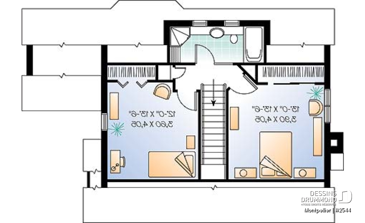 Étage - Plan de maison de campagne de 3 chambres, foyer au salon, coin lecture en retrait, belle luminosité partout - Montpellier