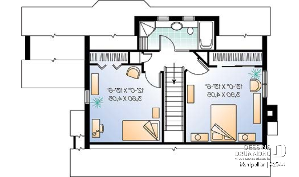 Étage - Plan de maison de campagne de 3 chambres, foyer au salon, coin lecture en retrait, belle luminosité partout - Montpellier