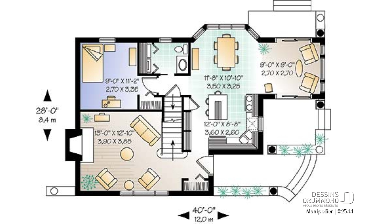 Rez-de-chaussée - Plan de maison de campagne de 3 chambres, foyer au salon, coin lecture en retrait, belle luminosité partout - Montpellier