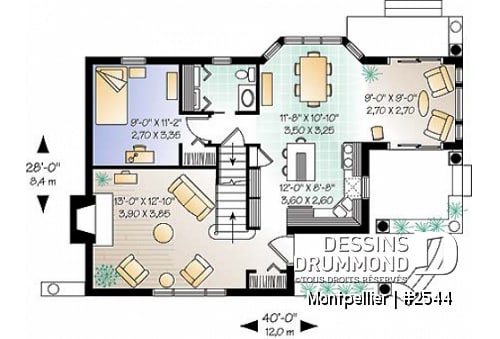 Rez-de-chaussée - Plan de 3 chambres avec foyer au salon, cuisine fonctionnelle & solarium  - Montpellier