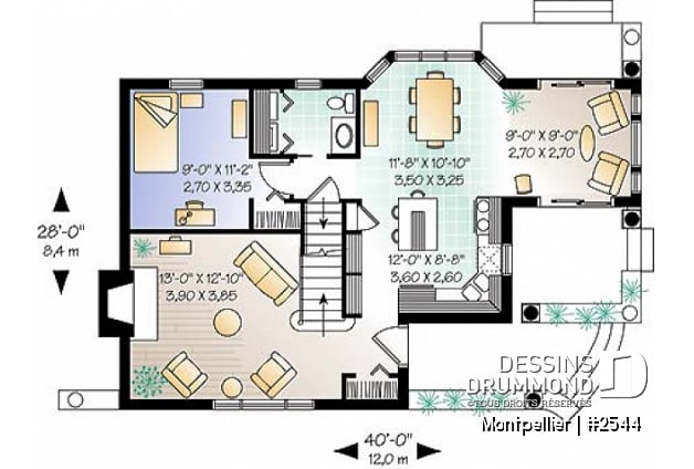 Rez-de-chaussée - Plan de 3 chambres avec foyer au salon, cuisine fonctionnelle & solarium  - Montpellier