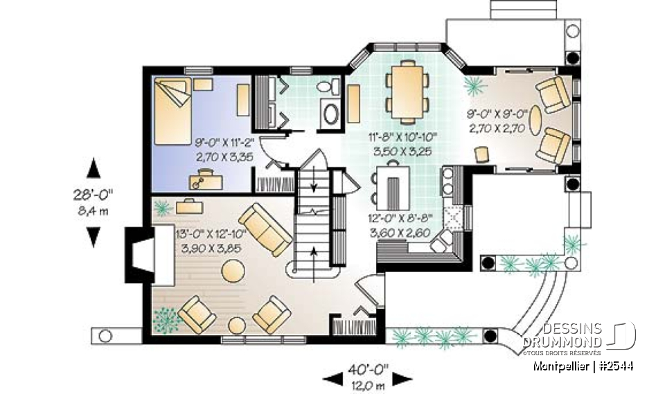 Rez-de-chaussée - Plan de maison de campagne de 3 chambres, foyer au salon, coin lecture en retrait, belle luminosité partout - Montpellier