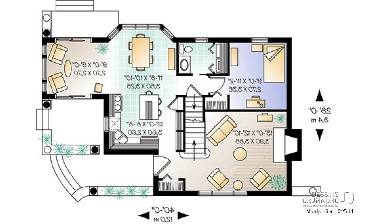 Rez-de-chaussée - Plan de maison de campagne de 3 chambres, foyer au salon, coin lecture en retrait, belle luminosité partout - Montpellier