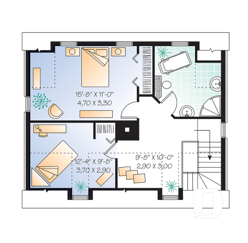 Étage - Maison ancestrale en pierre, salle à diner en solarium, 2 chambres à l'étage, foyer, espace ouvert - Dupré