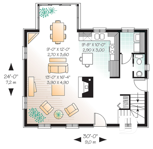 Rez-de-chaussée - Maison ancestrale en pierre, salle à diner en solarium, 2 chambres à l'étage, foyer, espace ouvert - Dupré