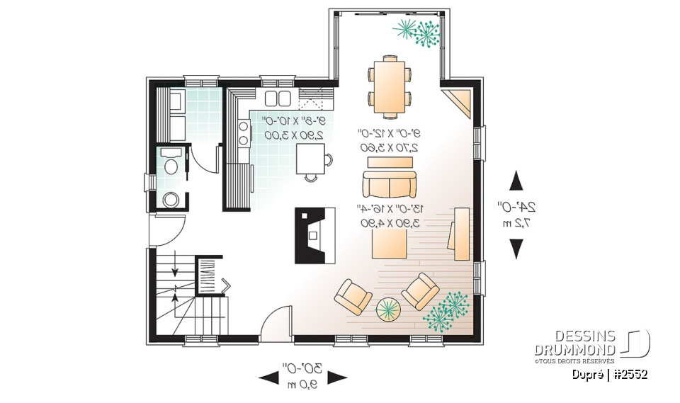Rez-de-chaussée - Maison ancestrale en pierre, salle à diner en solarium, 2 chambres à l'étage, foyer, espace ouvert - Dupré