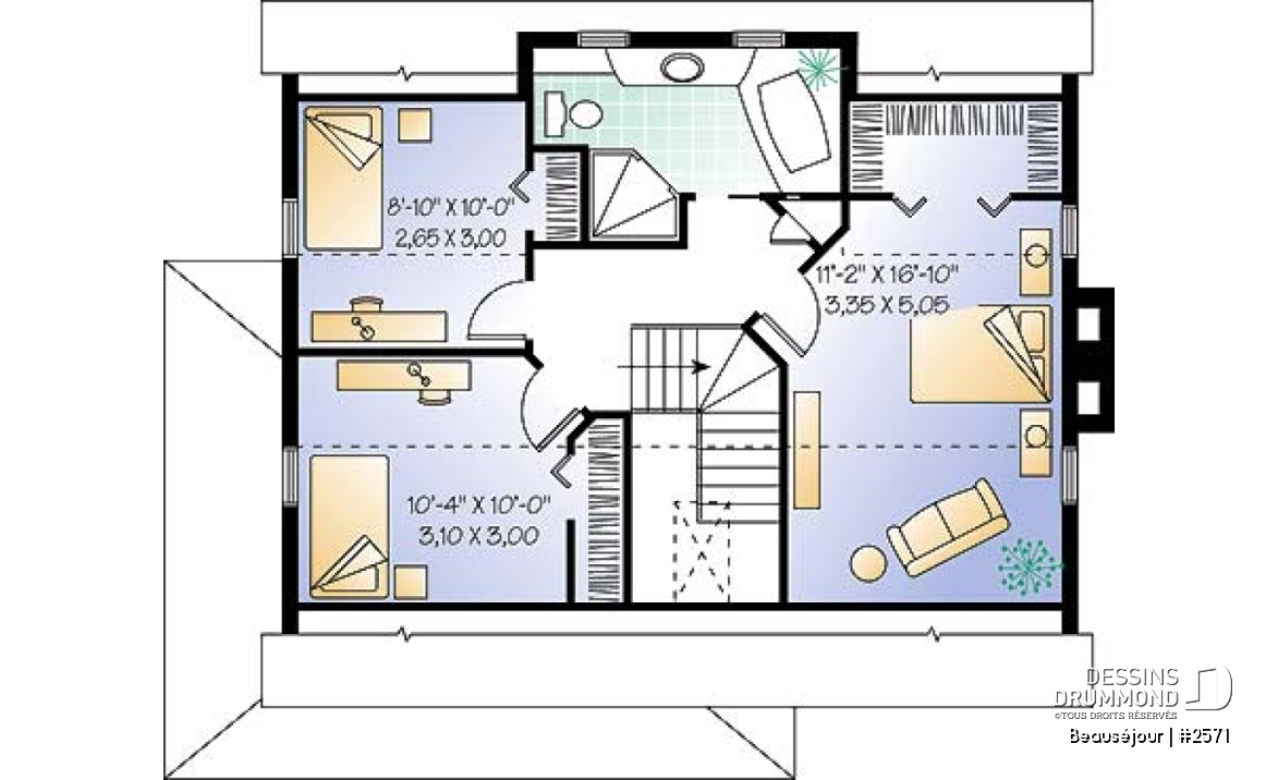 Étage - Plan de maison de style transitionnel, salle à diner formelle, foyer, 3 chambres, buanderie, banquette - Beauséjour