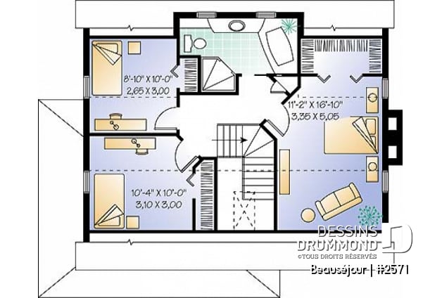 Étage - Plan de maison de style transitionnel, salle à diner formelle, foyer, 3 chambres, buanderie, banquette - Beauséjour