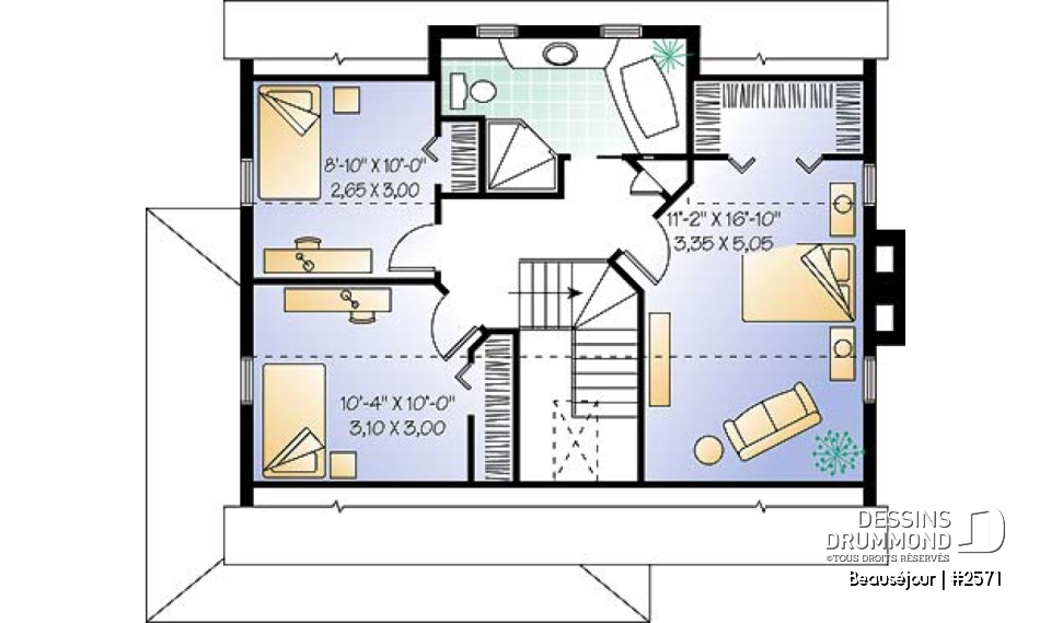 Étage - Plan de maison de style transitionnel, salle à diner formelle, foyer, 3 chambres, buanderie, banquette - Beauséjour