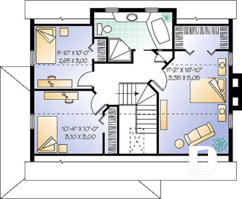 Étage - Plan de maison de style transitionnel, salle à diner formelle, foyer, 3 chambres, buanderie, banquette - Beauséjour