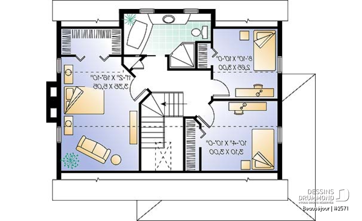 Étage - Plan de maison de style transitionnel, salle à diner formelle, foyer, 3 chambres, buanderie, banquette - Beauséjour