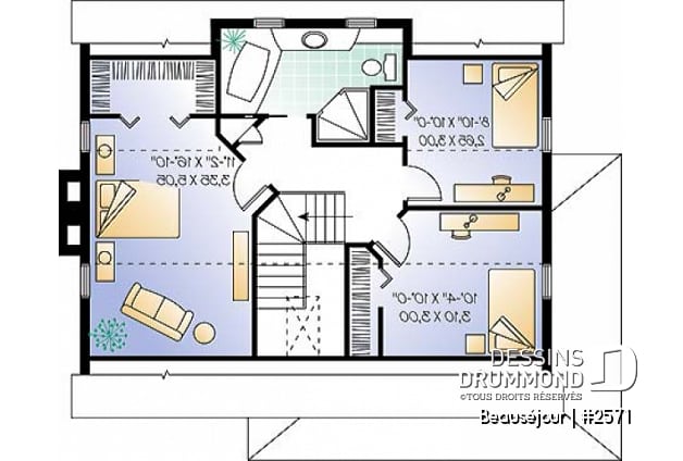 Étage - Plan de maison de style transitionnel, salle à diner formelle, foyer, 3 chambres, buanderie, banquette - Beauséjour
