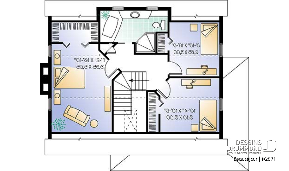 Étage - Plan de maison de style transitionnel, salle à diner formelle, foyer, 3 chambres, buanderie, banquette - Beauséjour