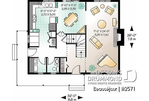 Rez-de-chaussée - Plan de maison de style transitionnel, salle à diner formelle, foyer, 3 chambres, buanderie, banquette - Beauséjour
