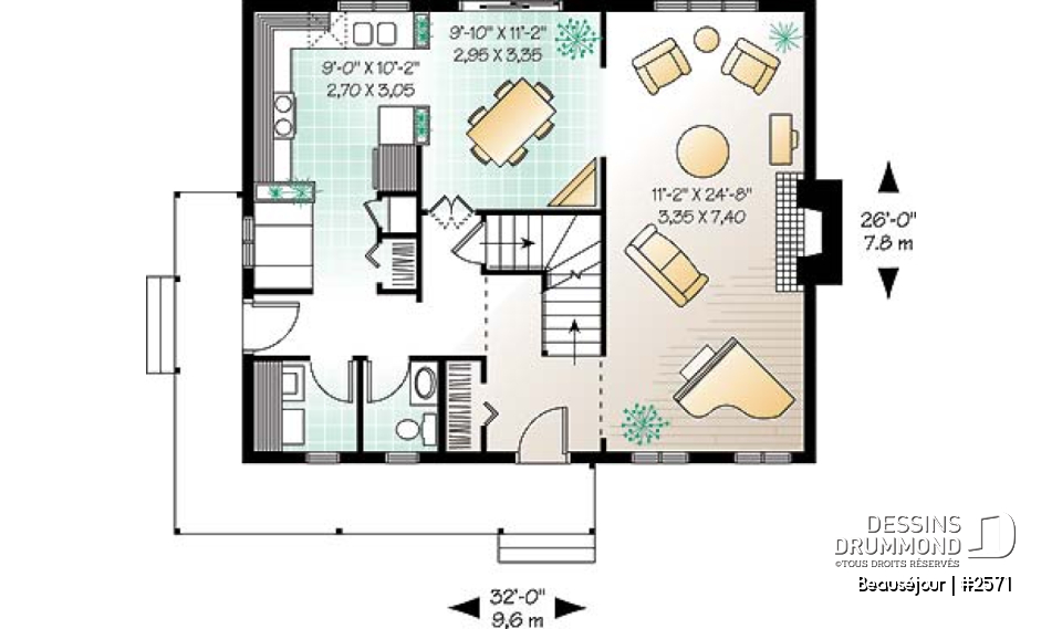 Rez-de-chaussée - Plan de maison de style transitionnel, salle à diner formelle, foyer, 3 chambres, buanderie, banquette - Beauséjour