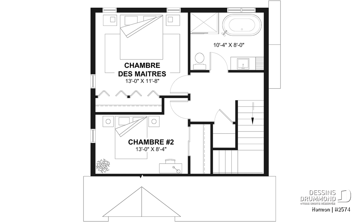 Étage - Plan de maison style minimaliste, secteur d'activité ouvert, vestiaire, 2 chambres, sous-sol à aménager - Hermon