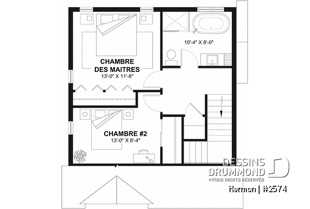 Étage - Plan de maison style minimaliste, secteur d'activité ouvert, vestiaire, 2 chambres, sous-sol à aménager - Hermon