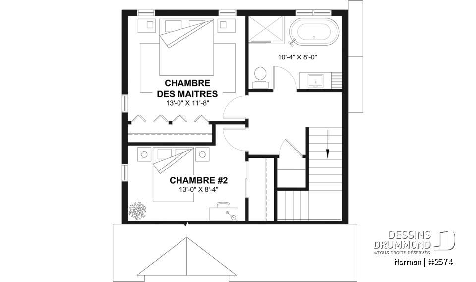Étage - Plan de maison style minimaliste, secteur d'activité ouvert, vestiaire, 2 chambres, sous-sol à aménager - Hermon