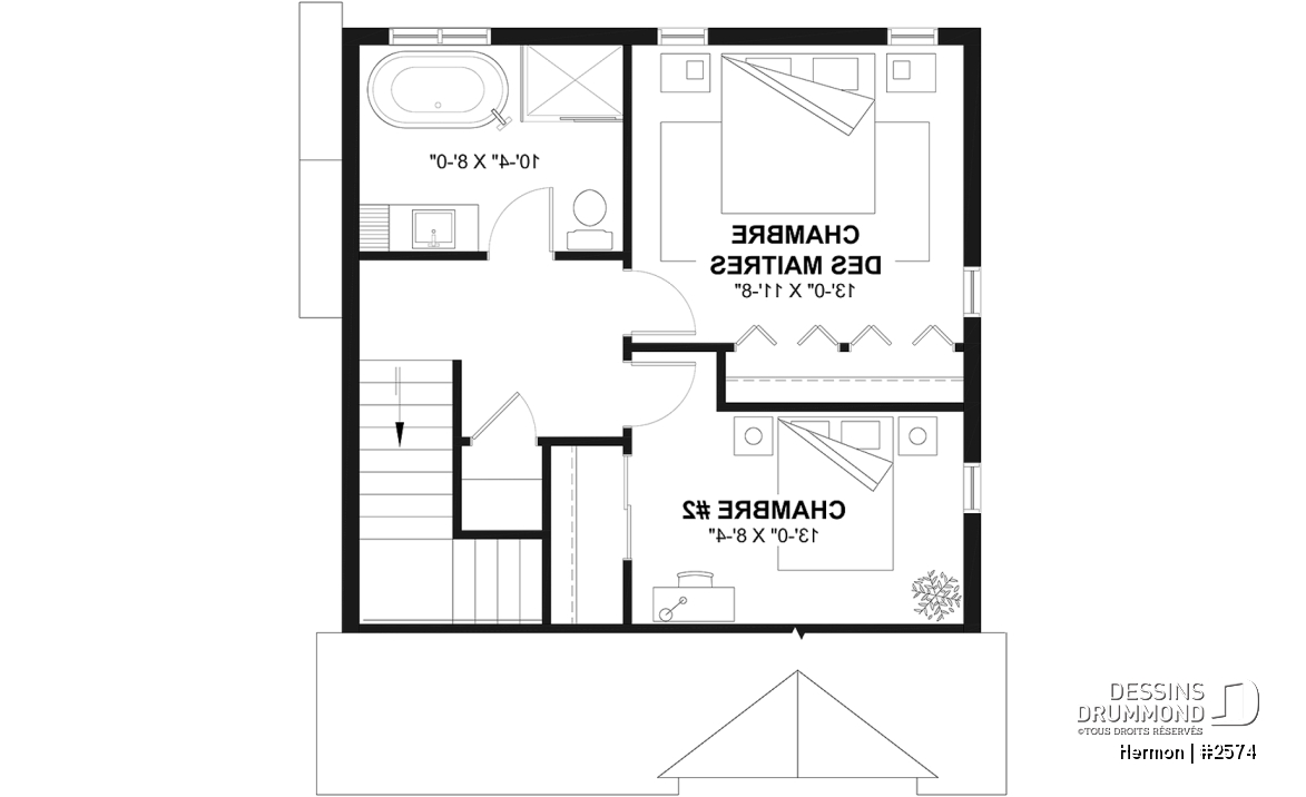 Étage - Plan de maison style minimaliste, secteur d'activité ouvert, vestiaire, 2 chambres, sous-sol à aménager - Hermon
