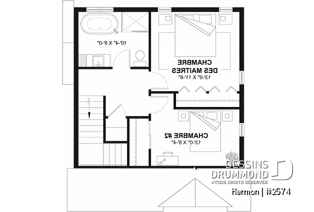 Étage - Plan de maison style minimaliste, secteur d'activité ouvert, vestiaire, 2 chambres, sous-sol à aménager - Hermon