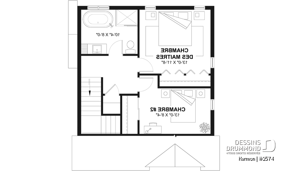 Étage - Plan de maison style minimaliste, secteur d'activité ouvert, vestiaire, 2 chambres, sous-sol à aménager - Hermon