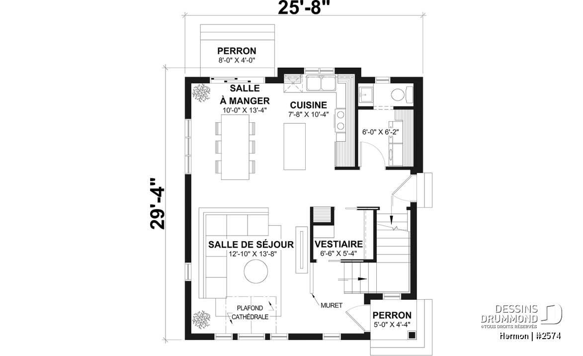 Rez-de-chaussée - Plan de maison style minimaliste, secteur d'activité ouvert, vestiaire, 2 chambres, sous-sol à aménager - Hermon