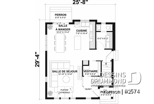 Rez-de-chaussée - Plan de maison style minimaliste, secteur d'activité ouvert, vestiaire, 2 chambres, sous-sol à aménager - Hermon