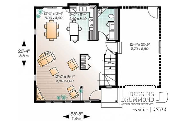 Rez-de-chaussée - Plan de maison style chalet 4-saisons, secteur d'activité ouvert, cuisine originale, 2 chambres - Hermon
