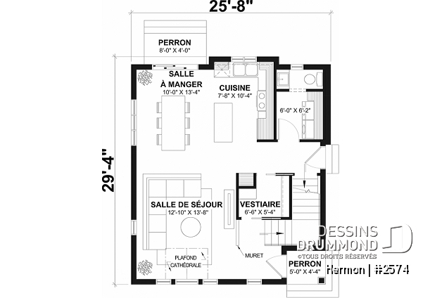 Rez-de-chaussée - Plan de maison style minimaliste, secteur d'activité ouvert, vestiaire, 2 chambres, sous-sol à aménager - Hermon