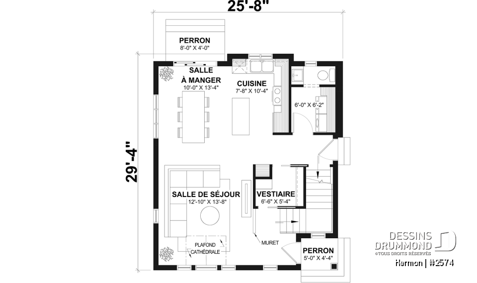 Rez-de-chaussée - Plan de maison style minimaliste, secteur d'activité ouvert, vestiaire, 2 chambres, sous-sol à aménager - Hermon