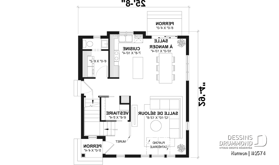 Rez-de-chaussée - Plan de maison style minimaliste, secteur d'activité ouvert, vestiaire, 2 chambres, sous-sol à aménager - Hermon