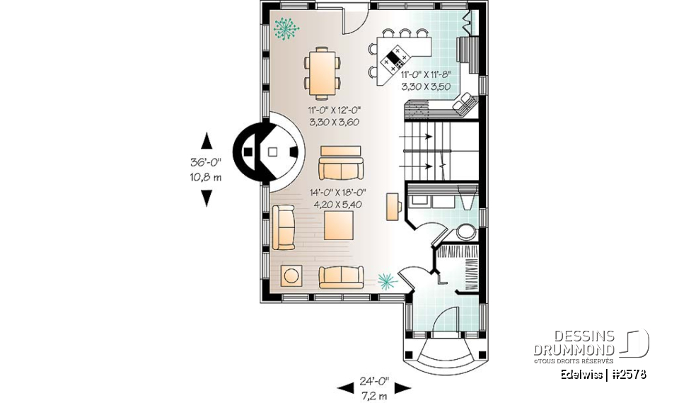 Rez-de-chaussée - Plan de maison de style alsacienne à aire ouverte, foyer central, 3 chambres, superbe luminosité - Edelwiss