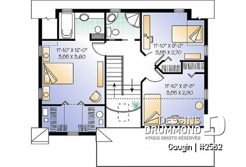 Étage - Plan de cottage champêtre, salle à manger formelle, suite des maîtres, 3 ch. 2.5 s. de bain, salon séparé - Gaugin